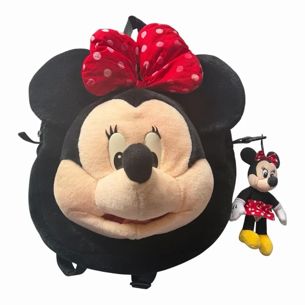 Rare Walt DisneyWorld Minnie Mouse 3D Plush Backpack w/ Plush Keychain